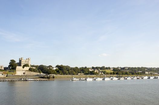 A view of Rochester Castle and Cathedral from across the river Madway