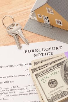 Foreclosure Notice, Home, House Keys and Stack of Money - Cash for Keys Program.