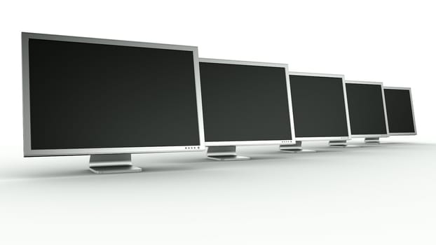 3d rendering of multiple monitors on a row.