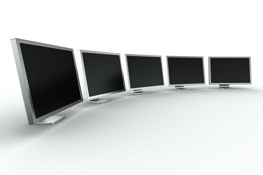 3d rendering of multiple monitors on a row.