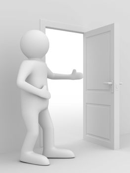 man invites to pass open door. 3D image