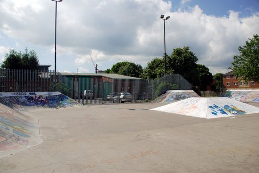 A photograph of a graffitied skateboard park in Sheffield, England.