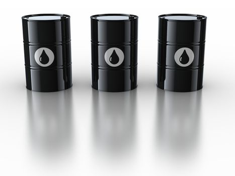 3d rendering of oil drums on reflective white floor