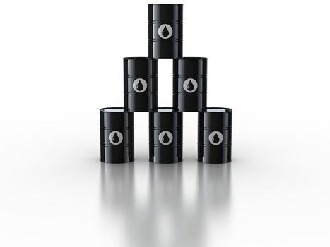 3d rendering of oil drums on reflective white floor