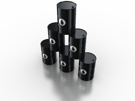 3d rendering of oil drums on reflective white floor