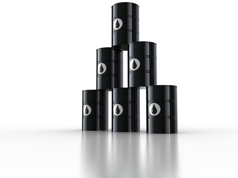 3d rendering of oil drums on reflective white floor