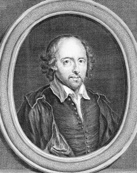 William Shakespeare (1564-1616) on engraving from the 1700s. English poet and playwright, widely regarded as the greatest writer in the English language. Drawn by B.Arlaud and engraved by G. Duchange.