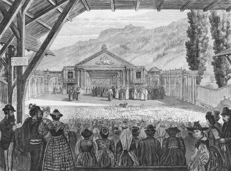 19th century theatre of the Oberammergau Passion Play on engraving from the 1800s. Published by The Graphic in 1870 from a scetch by H.Harral.
