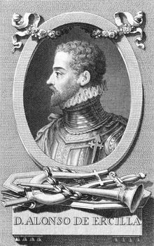 Alonso de Ercilla (1533-1594) on engraving from the 1800s. Spanish nobleman, soldier and epic poet.
Engraved by Carmona.