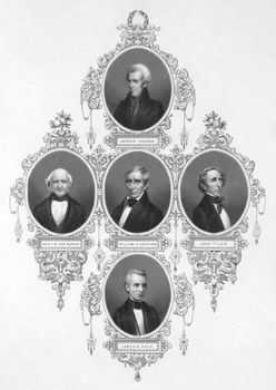 American presidents from 1829 to 1849 on engraving from the 1800s. Published by the London printing and publishing company limited.