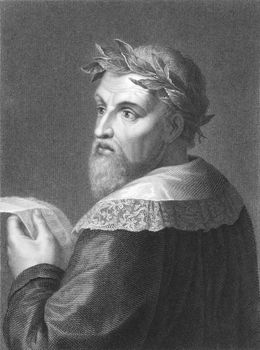 Ludovico Ariosto (1474-1533) on engraving from the 1800s. Italian  poet. Engraved by R. Hart from a print by R. Morghen and published in London by Charles Knight, Ludgate Street.