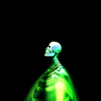 A distorted green skeleton that would make an interesting medical or Halloween image.