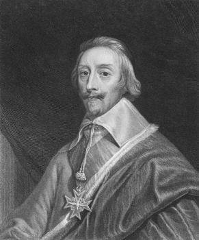 Cardinal Richelieu (1585-1642) on engraving from the 1800s. French clergyman, noble, and statesman. Engraved by T.Woolnoth and published in London by Charles Knight, Pall Mall East.