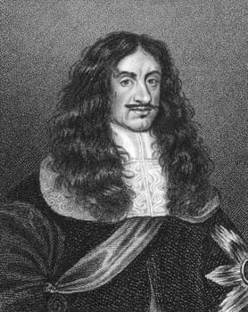 Charles II (1630-1685) on engraving from the 1800s. King of England, Scotland and Ireland durong 1660-1685. Engraved by E.Scriven and published by E.Jeffery in 1808.