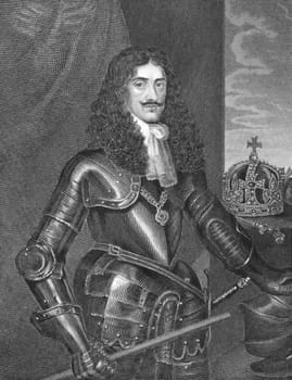 Charles II (1630-1685) on engraving from the 1800s. King of England, Scotland and Ireland durong 1660-1685. Engraved by W.Finden and published in London by J.Tallis & Co.