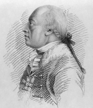 Dagobert Sigmund von Wurmser (1724-1797) on engraving from the 1800s. Austrian field marshal during the French Revolutionary Wars. Mostly remembered for his unsuccessful operations against Napoleon Bonaparte during the 1796 campaign in Italy. Published in London by Jones in 1807.