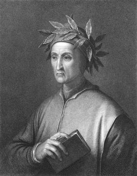 Dante Alighieri (1265 -1321) on engraving from the 1800s. Italian poet of the Middle Ages. Engraved by C.E. Wagstaff from a print by Raffaelle Morghen after a picture by Jofanelli and published in London by Charles Knight, Pall Mall East.
