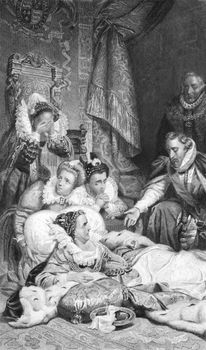 Death of Queen Elizabeth I on engraving from the 1800s. Published in London by Virtue & Co.