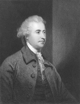 Edmund Burke (1729-1797) on engraving from the 1800s. Anglo-Irish statesman, author, orator, political theorist and philosopher. Mostly remembered for his opposition to the French Revolution. Leading figure within the conservative faction of the Whig party. Engraved by H.Robinson from a painting by J.Reynolds and published in London by Fisher, Son & Co in 1845.