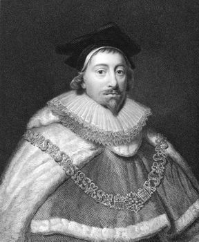 Edward Coke (1552-1634) on engraving from the 1800s.
English jurist and Member of Parliament. Engraved by J.Pofselwhite and published in London by Charles Knight, Ludgate Street.