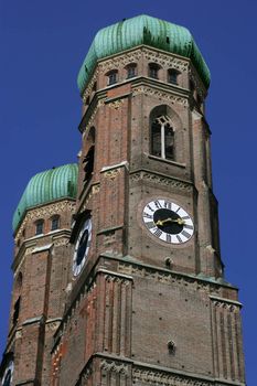 The two domed towers of Frauenkirche in Munich, Germany.
