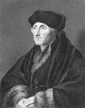 Erasmus (1466/1469-1536) on engraving from the 1800s. Dutch Renaissance humanist Catholic priest and theologian. Engraved by E.Scriven after a painting by G.Fenn and published in London by Charles Knight, Pall Mall East.