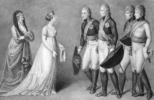 Frederick William and Louisa of Prussia romance scene on engraving from the 1800s.