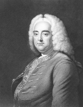 George Frideric Handel (1685-1759) on engraving from the 1800s. German Baroque composer best known for his operas, oratorios and concertos. Engraved by J.Thomson and published in London by Charles Knight, Pall Mall East.