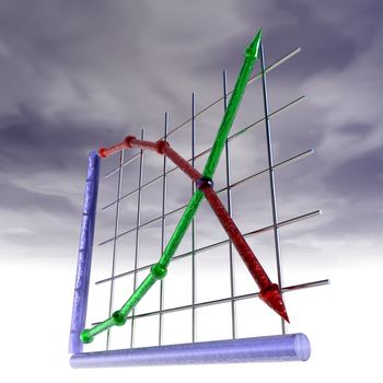 An illustration of supply and demand curves with storm clouds overhead.