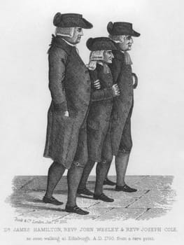 John Wesley walking in Edinburgh between James Hamilton and Joseph Cole. Wesley was the founder of the Methodist denomination of Protestant Christianity. Published in London by Rock & Co in 1851.