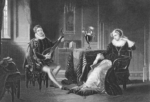 Mary Stuart and Chatelar romance scene on engraving from the 1800s. Engraved by J.C.Armytage after a painting by H.Fradelle.