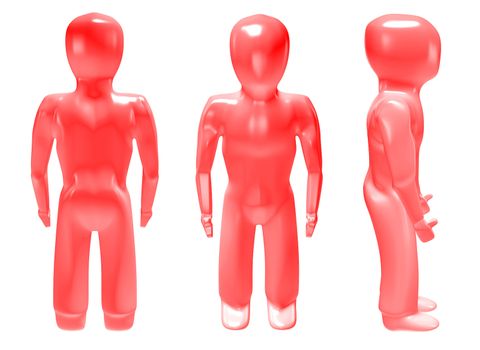 three dimensional red man in different poses with muscles and light reflection