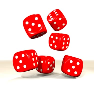 six red dice falling onto a white surface with shadow