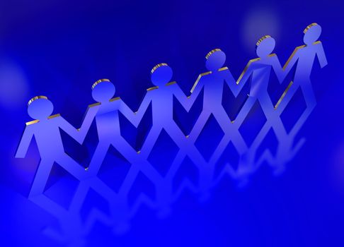 string of paper chain men in silver metal holding hands reflected in blue background