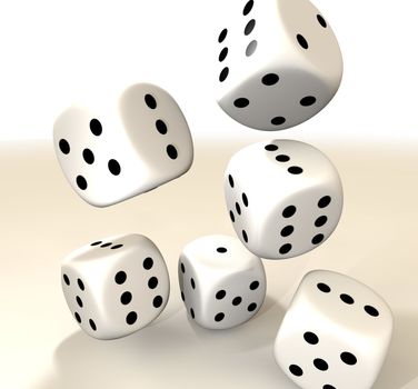 collection of six white casino dice with black spots