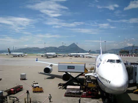 Charge and refuel airplane in Hong Kong airport