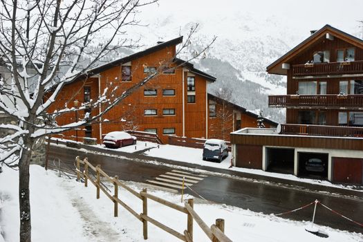Ski resort after snow storm, Meribel, Trois Vallees, France