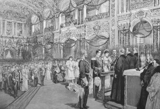 The Wedding of T.R.H. the Grand Duke of Hesse-Darmstadt and Princess Victoria Melita of Saxe-Coburg and Gotha. Engraving published by the Graphic in 1894.