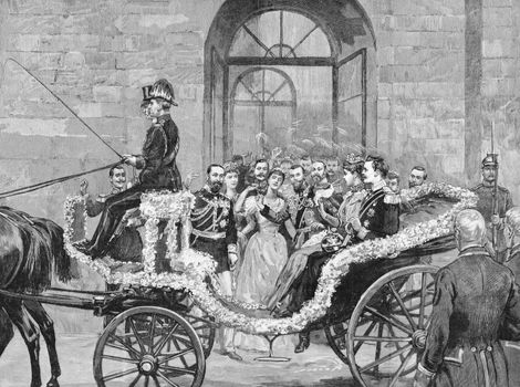 The departure of the bride and bridegroom to the castle of Kranichstein. Engraving published by the Graphic in 1894.