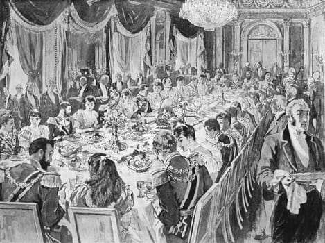 Royal wedding breakfast in the throne room at the Ehrenberg palace in engraving published by the Graphic in 1894.
