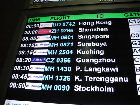 Airport departure board in Kuala Lumpur International Airport, Malaysia