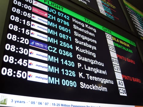 Airport departure board in Kuala Lumpur International Airport, Malaysia