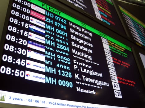 Airport departure board in Kuala Lumpur International Airport, Malaysia