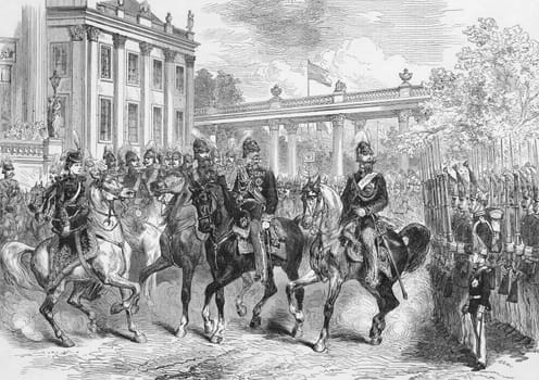 The King of Italy in Berlin Reviewing the Guards. Engraving published by the Illustrated London News in 1873.