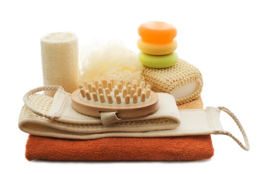 Bath set - sisal/cotton back massage belt, massage brush with wooden studs, sisal massage sponge, loofah, nylon tuff - isolated on white