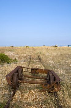 Old abandoned rail track on the beach at Dungeness