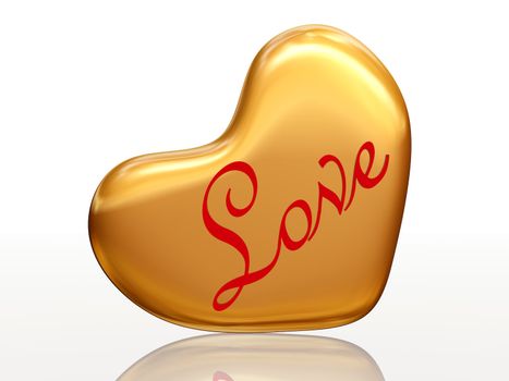 3d golden heart, red letters, text - Love, isolated