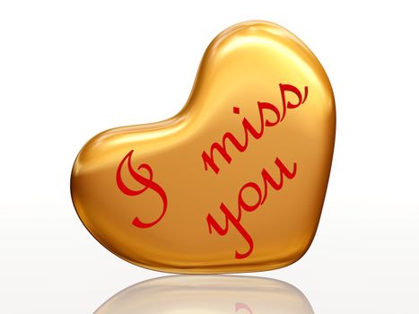 3d golden heart, red letters, text - I miss you, isolated