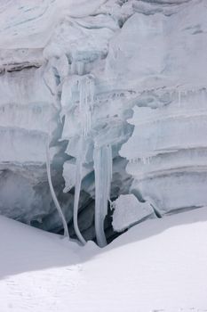 Ice cornice in an icefall with icicles curved with constant winds, Cordillera Blanca mountains