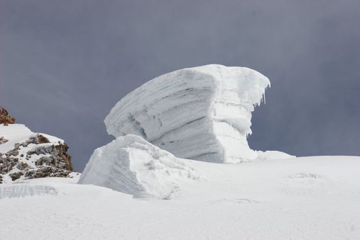 Huge ice block with overhanging cornices in an icefall, Cordillera Blanca mountains